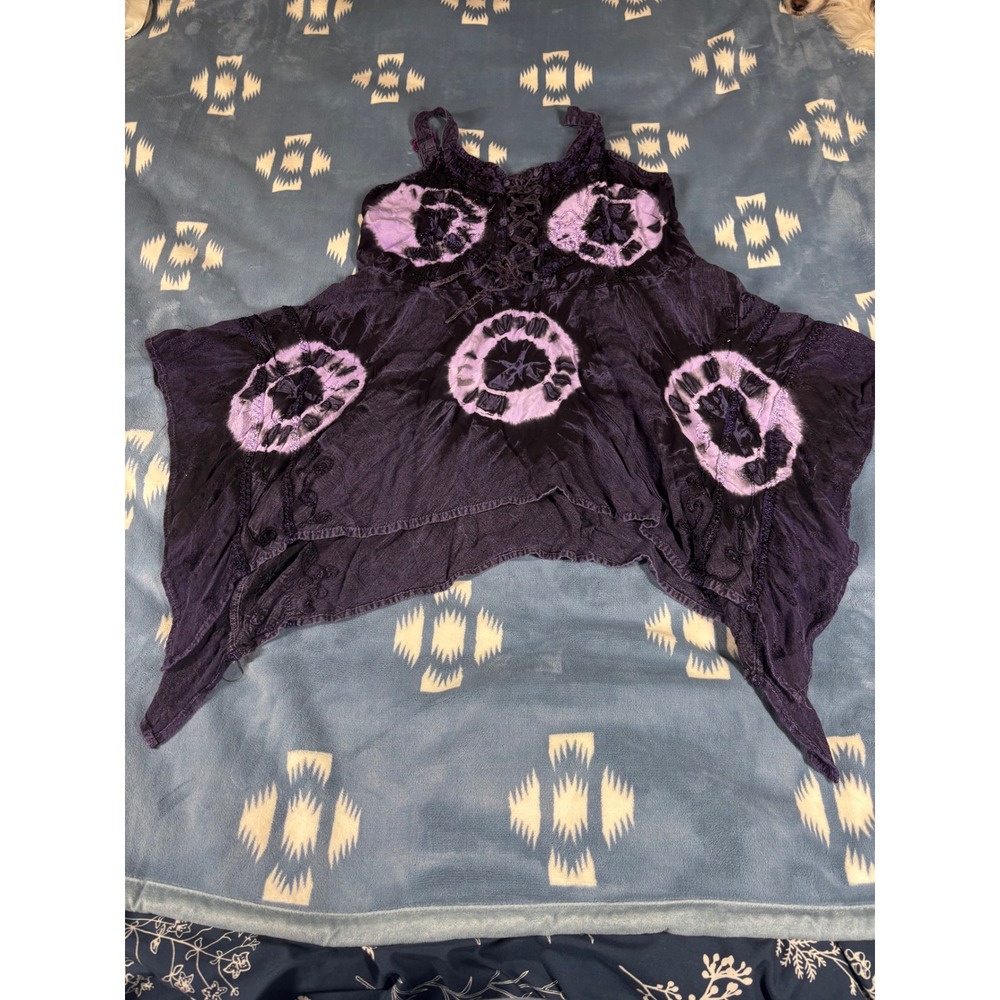 L.S.I. Purple Tie Dye Handkerchief Hem Boho Top Lace Up Embroidered One Size